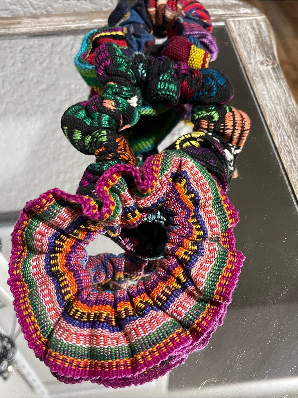 Multicolor Guatemale Woven Fabric Hair Scrunchie - Vibrant Pink Accent